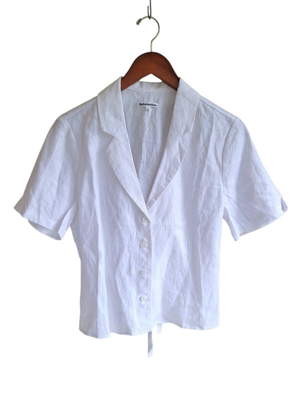 Reformation 100% Linen White Short-Sleeve Button-Front Shirt Small
